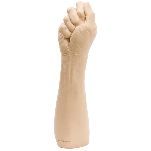 an insertable beige closed fist and arm up to just below the elbow