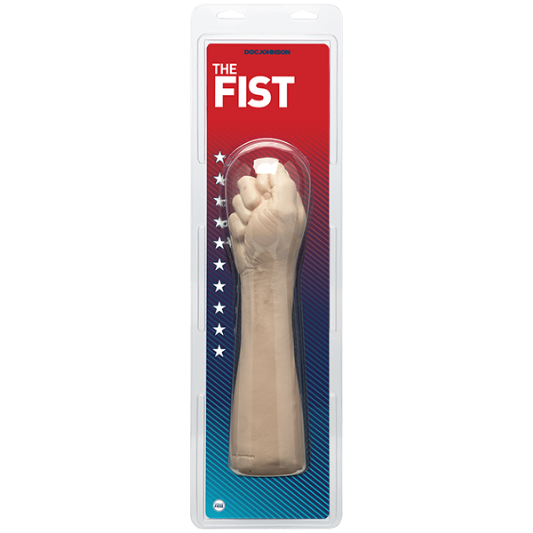 an insertable beige closed fist and arm up to just below the elbow, shown in its plastic packaging
