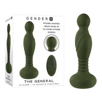 The product image shows a green, round-shaped anal plug with a textured surface. The packaging displays the product and its features.