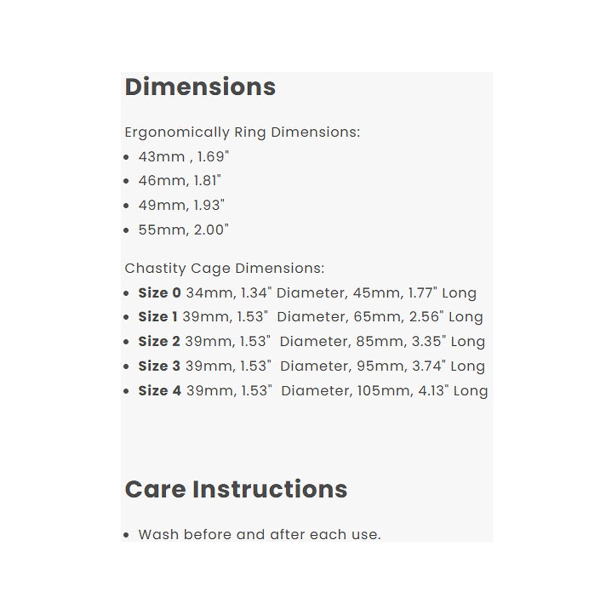 Product dimensions and care instructions on a white background