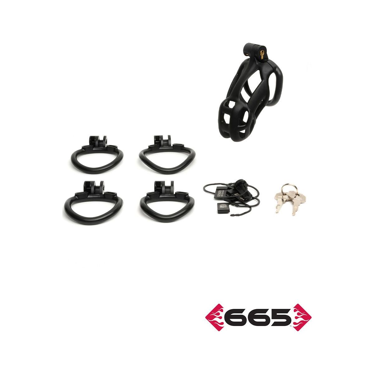 Set of black Chasity cage, locks, keys on a white background with '665' branding.