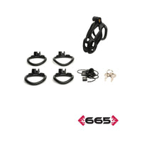 Set of black Chasity cage, locks, keys on a white background with '665' branding.