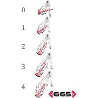 Set of clear and pink plastic chastity cages with measurement markings on a white background, featuring the brand '665'.