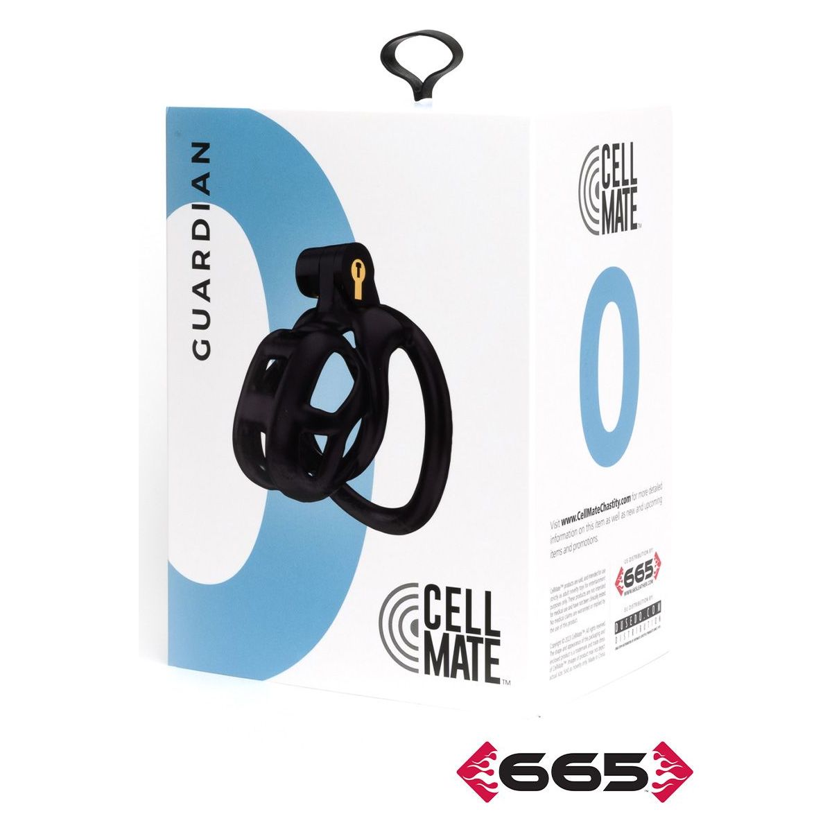 Product packaging for 'Guardian' by 'Cell Mate' with a black chastity cage on a white background.