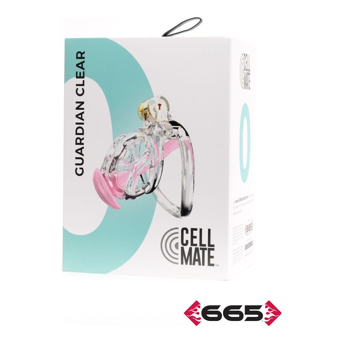 clear & pink chastity cage on box packaging