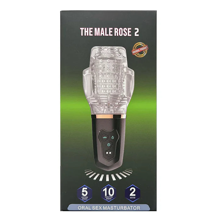 The Male Rose 2 oral sex masturbator in its retail packaging, featuring a black and clear plastic device shown on a dark green box with product feature icons.