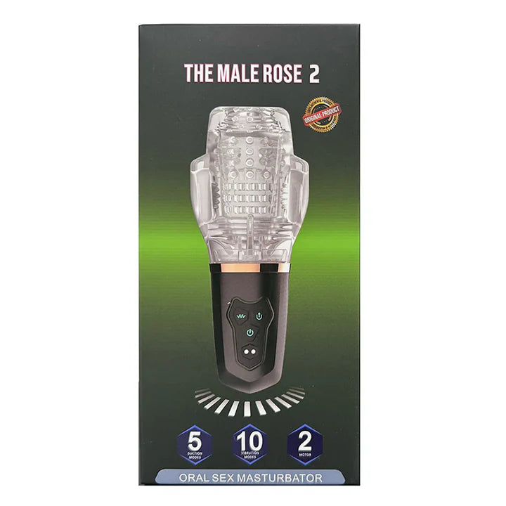 The Male Rose 2 oral sex masturbator in its retail packaging, featuring a black and clear plastic device shown on a dark green box with product feature icons.