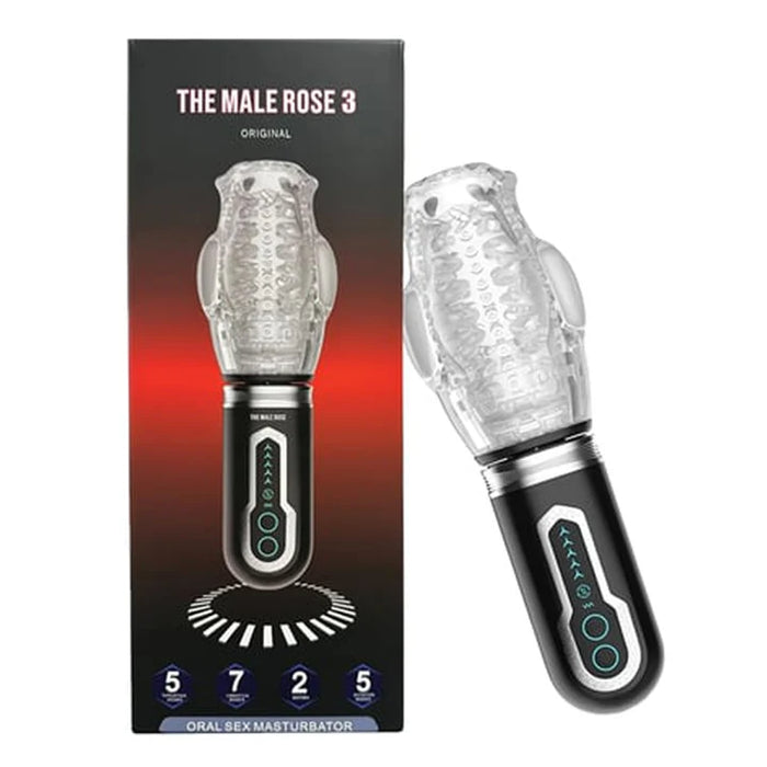 The Male Rose 3 oral sex masturbator shown next to its retail packaging box on a plain white background.