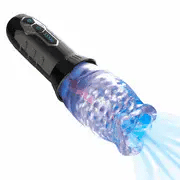 A black handheld personal masturbator with a clear, textured blue bulb and a blue mist effect, shown against a plain white background.