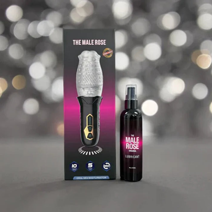 The Male Rose masturbator product set featuring  its retail box and a black bottle of Male Rose Lubricant, set against a blurred bokeh background.