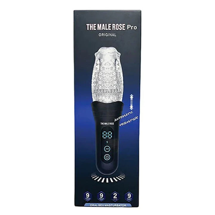 The Male Rose Pro Original oral sex massager in its retail packaging, featuring a black and blue box with a graphic of the device.