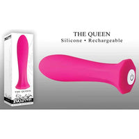 a pink vibrator with a flared base and a white function button shown next to its white display box