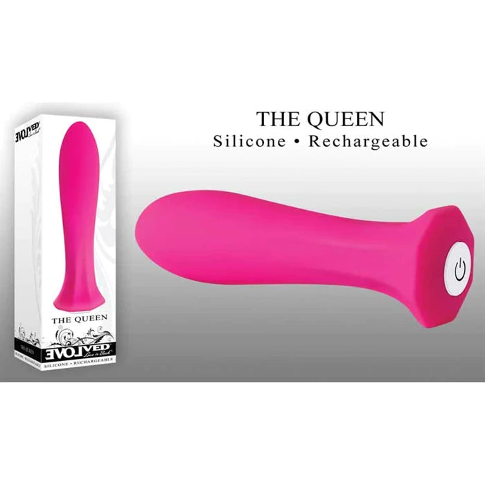 a pink vibrator with a flared base and a white function button shown next to its white display box