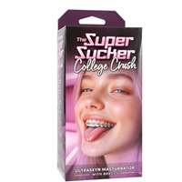 girl on a package with mouth open, tongue out wearing braces