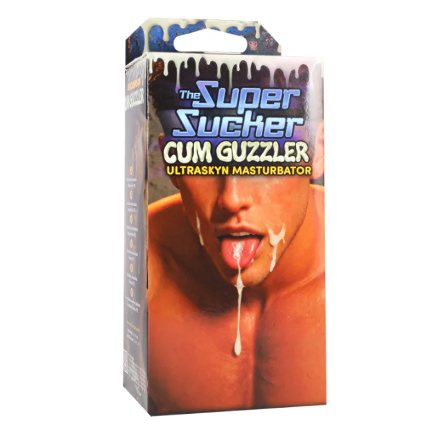 a male on packaging with mouth open, and white liquid dripping out 