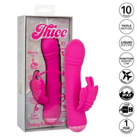 pink vibrator with bulged head with ribs, with a butterfly clitoral stimulator beside box