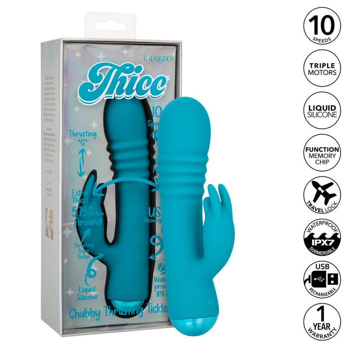 blue virbator with bulbed head, rided in center, rabbit clitoral stimulator beside box