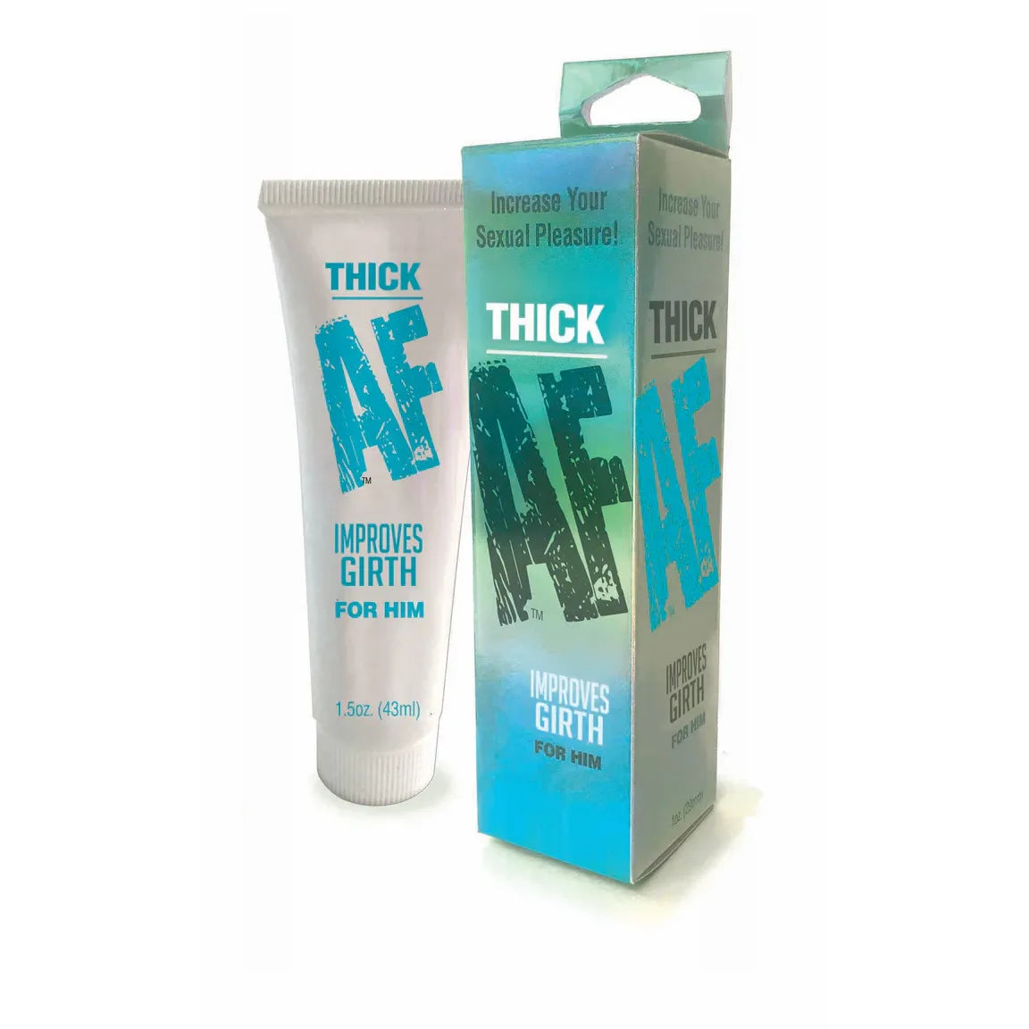 Tube and box of 'THICK AF' product on a white background