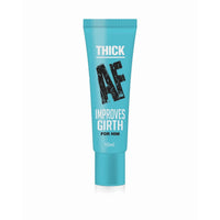 teal tube with white writing of thick af