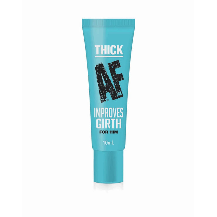 teal tube with white writing of thick af
