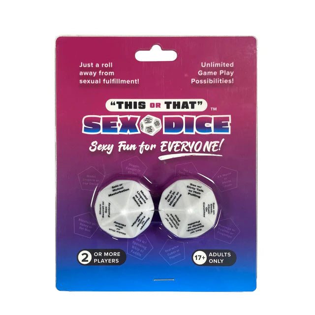 “This or That” Sex Dice game by Forum featuring two oversized dice with playful adult prompts and colorful packaging designed for couples and party game fun.