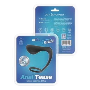 Thrillz Anal Tease silicone cock ring with anal probe packaging on a white background