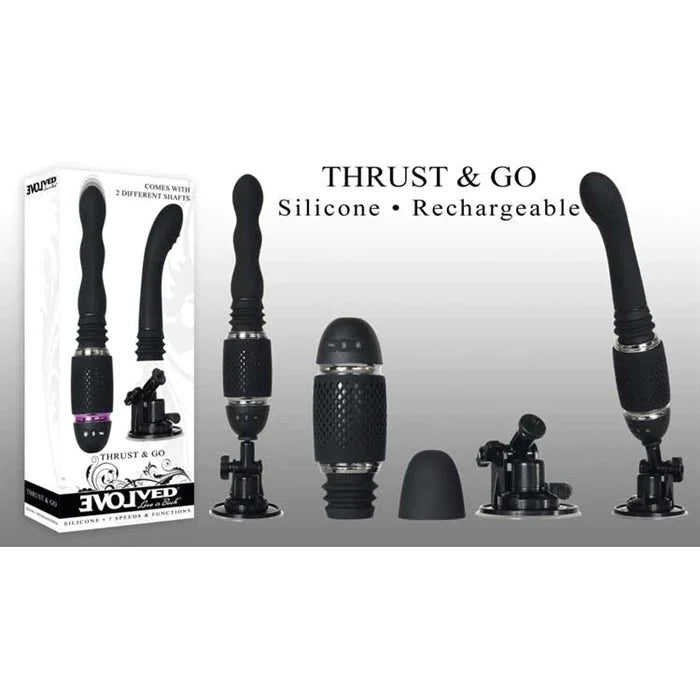 a black thrusting vibrator that has multiple removeable parts including a suction cup base, a g-spot tip and a wavy tip shown next to its white display box
