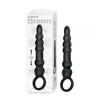 lack thrusting anal plug with beads and finger ring beside box packaging