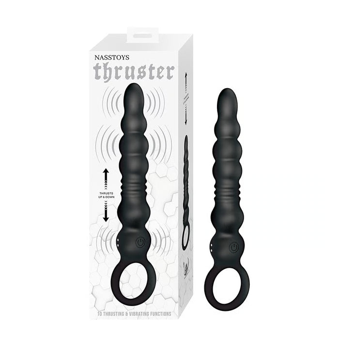 lack thrusting anal plug with beads and finger ring beside box packaging