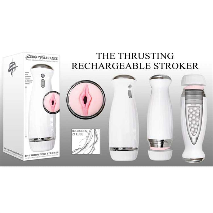 White packaging with the white hard shelled masturbator with two silver buttons and a twistable cap on the front. Next to the masturbator there is secondary images of internal texture of the beige masturbator with a vaginal opening 
