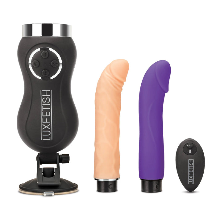 black thrusting sex machine with beige and purple attachments with remote