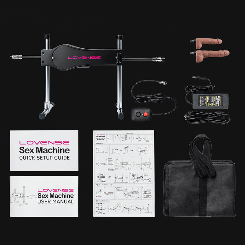 black lovense sex machine with 2 tan dildo attachments setup guide and remote and cord