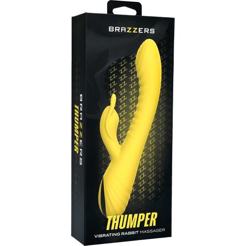 yellow vibrator with curved head, and clitoral stimulator, on box packaging, on white back ground