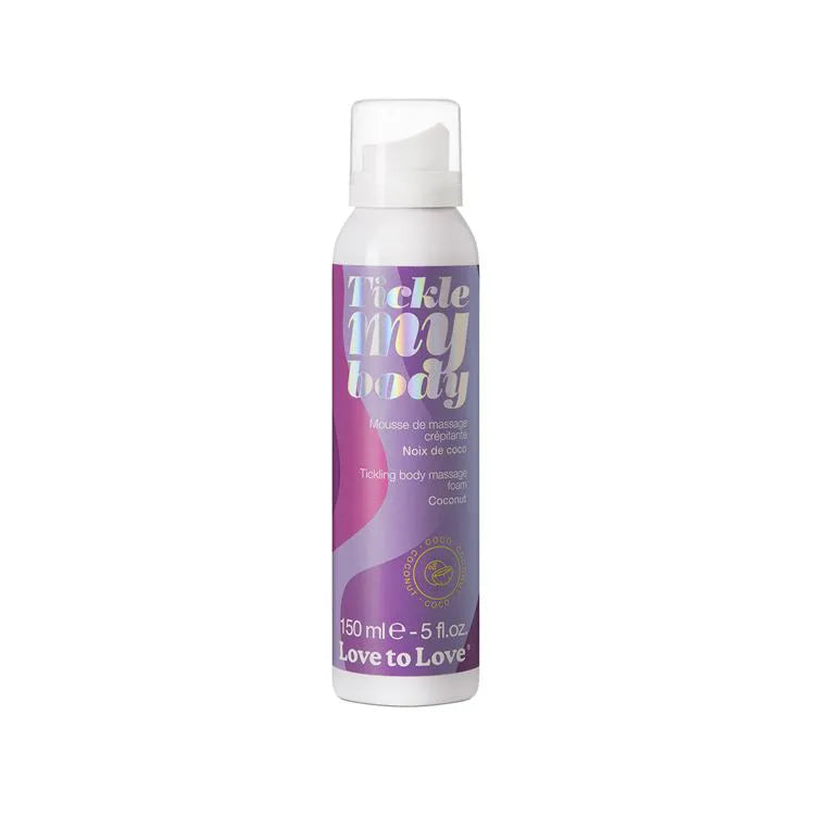 pink & purple label on white foam massage spray bottle, 5oz, coconut scent