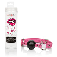 a black ball gag with air holes and pink straps with silver fasteners. Shown next to its plastic cylinder packaging