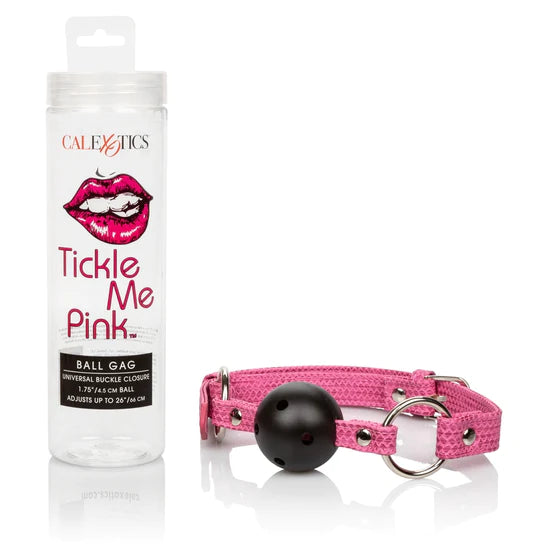 a black ball gag with air holes and pink straps with silver fasteners. Shown next to its plastic cylinder packaging