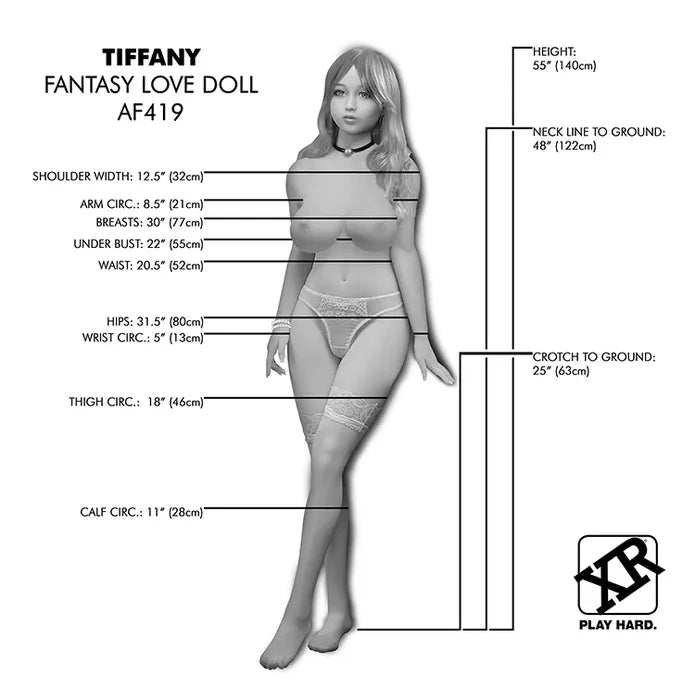 Measurement chart of a fantasy love doll labeled 'Tiffany' with dimensions.