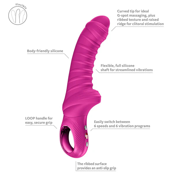 Pink silicone vibrator with text detailing features on a white background