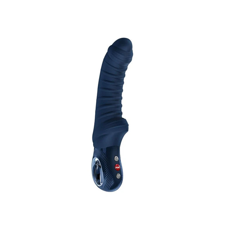 Blue silicone ribbed vibrator on a white background