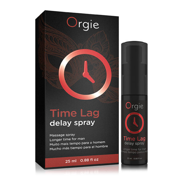 black spray container with red writing containg orgie time lap next to red and black box