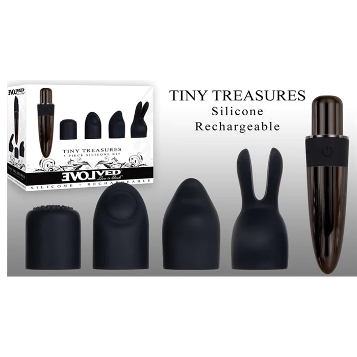 a sleek black handle with 4 interchangeable tips. there is a studded one, a slanted one, a pointed one and one with bunny ears, shown with its white display box