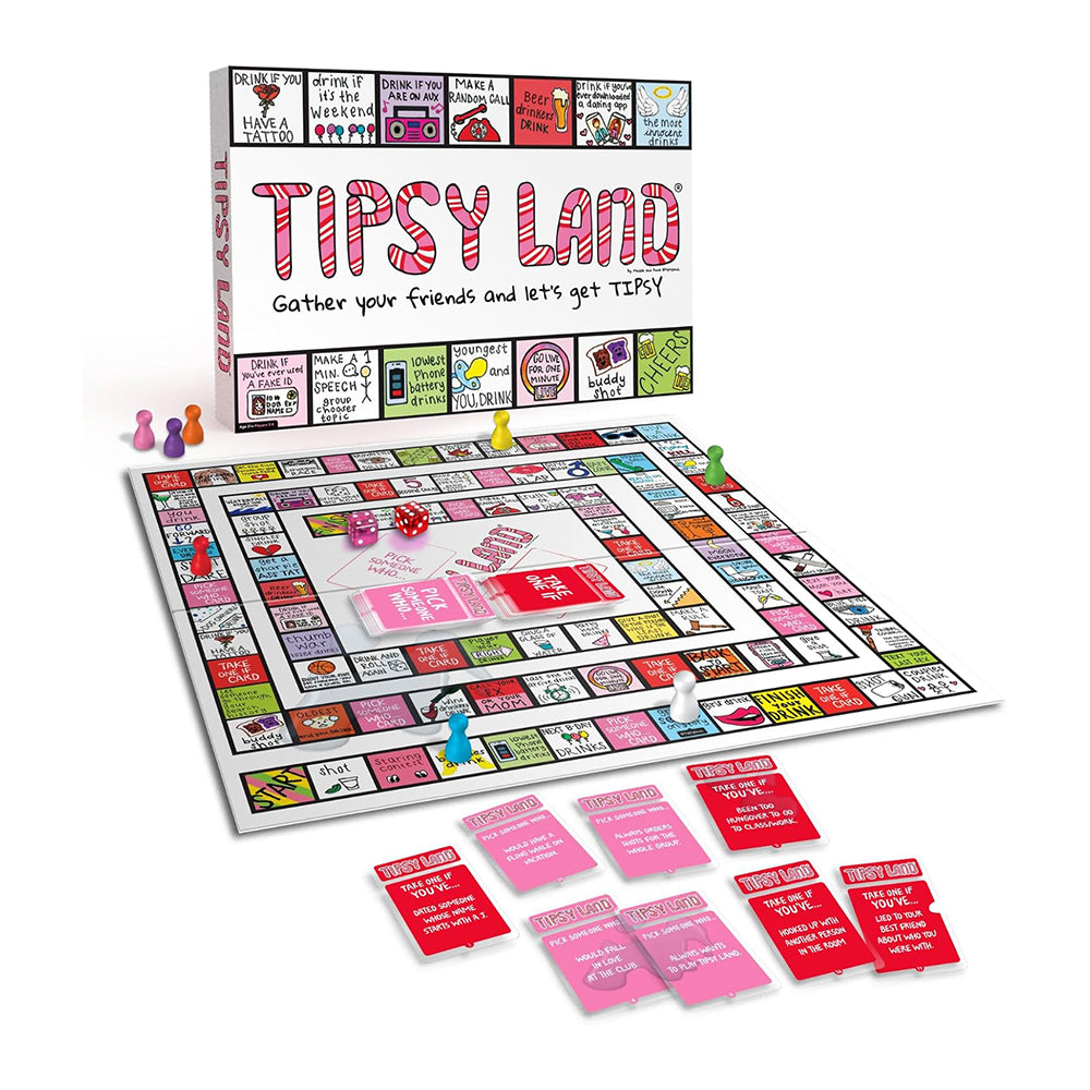 Board game set up with cards and pieces on a white background, featuring the title 'Tipsy Land'.