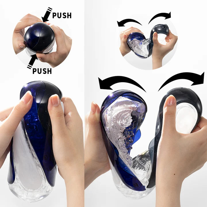 Instructions on how to use a blue and clear handheld device with arrows and text indicating 'PUSH'.