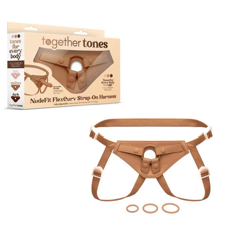 Together Tones NudeFit Strap-On Harness in medium tone with adjustable straps and three interchangeable O-rings, shown with packaging.