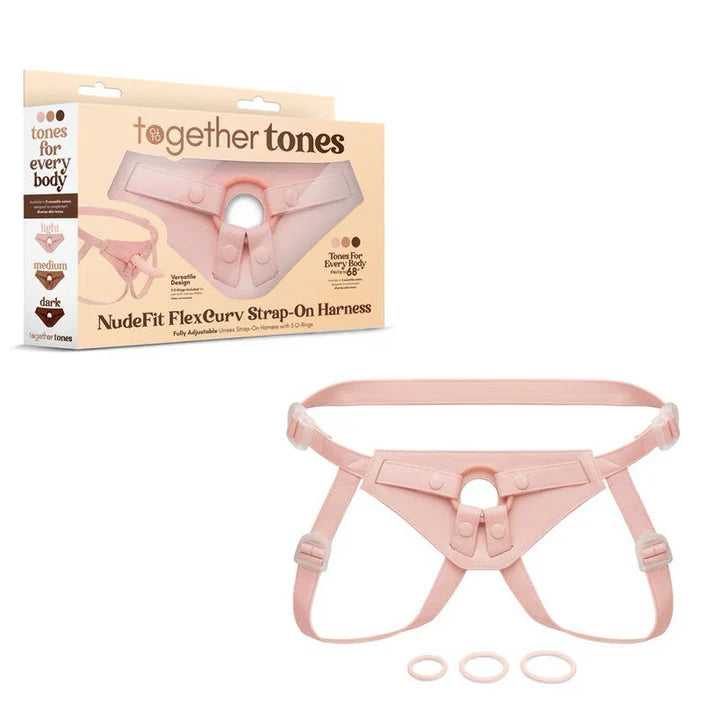 Together Tones NudeFit Strap-On Harness in light tone with adjustable straps and three interchangeable O-rings, shown with packaging.