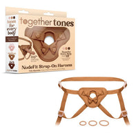 Together Tones NudeFit Strap-On Harness in medium tone with adjustable straps and three interchangeable O-rings, shown with packaging.