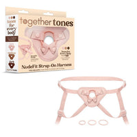 Together Tones NudeFit Strap-On Harness in light tone with adjustable straps and three interchangeable O-rings, shown with packaging