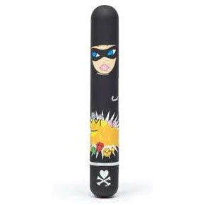 a black sleek vibrator with a cartoon picture of a female robber on the shaft
