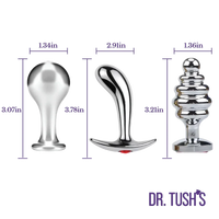 Dr. Tush’s Tools of Temptation metal anal plug size guide showing Knob, Prostate and Hive shapes with height and width measurements.