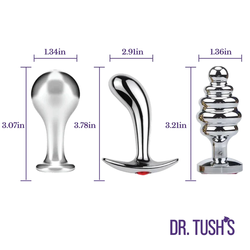 Dr. Tush’s Tools of Temptation metal anal plug size guide showing Knob, Prostate and Hive shapes with height and width measurements.